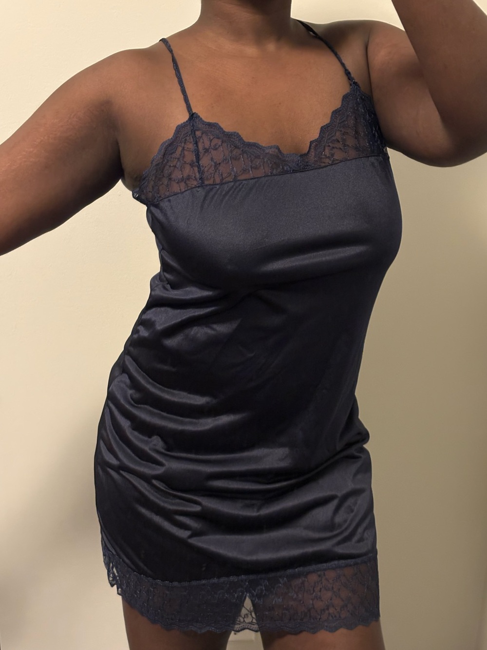 Arianne Navy Lace-Trim Satin Slip